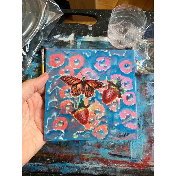 Original Painting Butterfly strawberries ooak Art surrealism‎ artwork Artettina - Picture 5 of 7